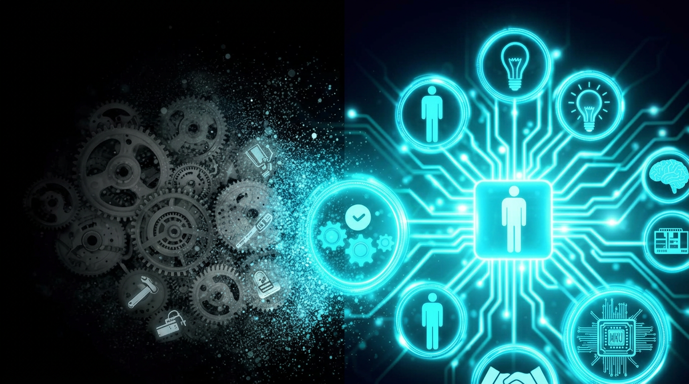 Composição visual com engrenagens automatizadas se dissolvendo de um lado e ícones de IA, pessoas e colaboração brilhando do outro.
