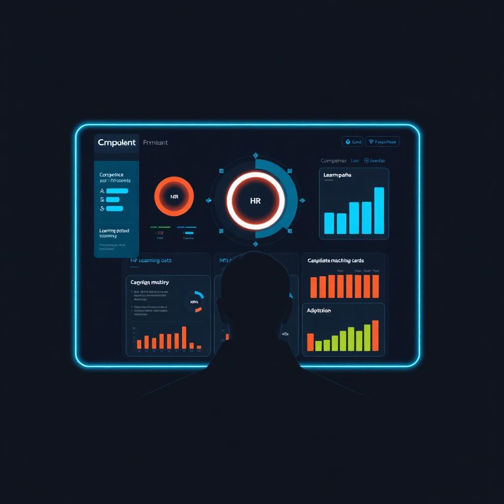 RH estratégico analisando competências, trilhas de requalificação e indicadores de adaptação.